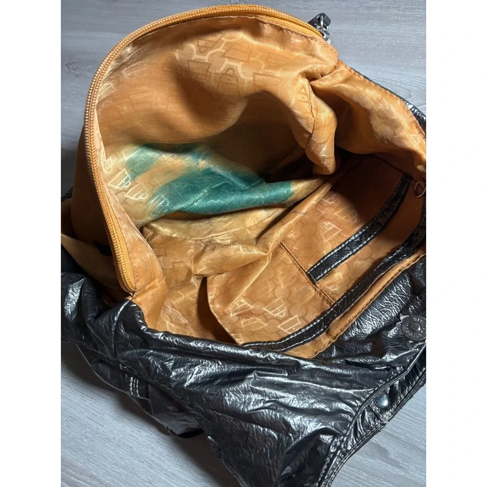 Kathy Van Zeeland Metallic Pewter Crinkle Hobo Bag Crowned Heart Y2K Style 90s